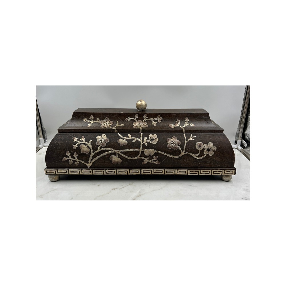 Oriental Accent Cherry Blossom Jewelry Box Brown Silver Floral Greek Key Decor